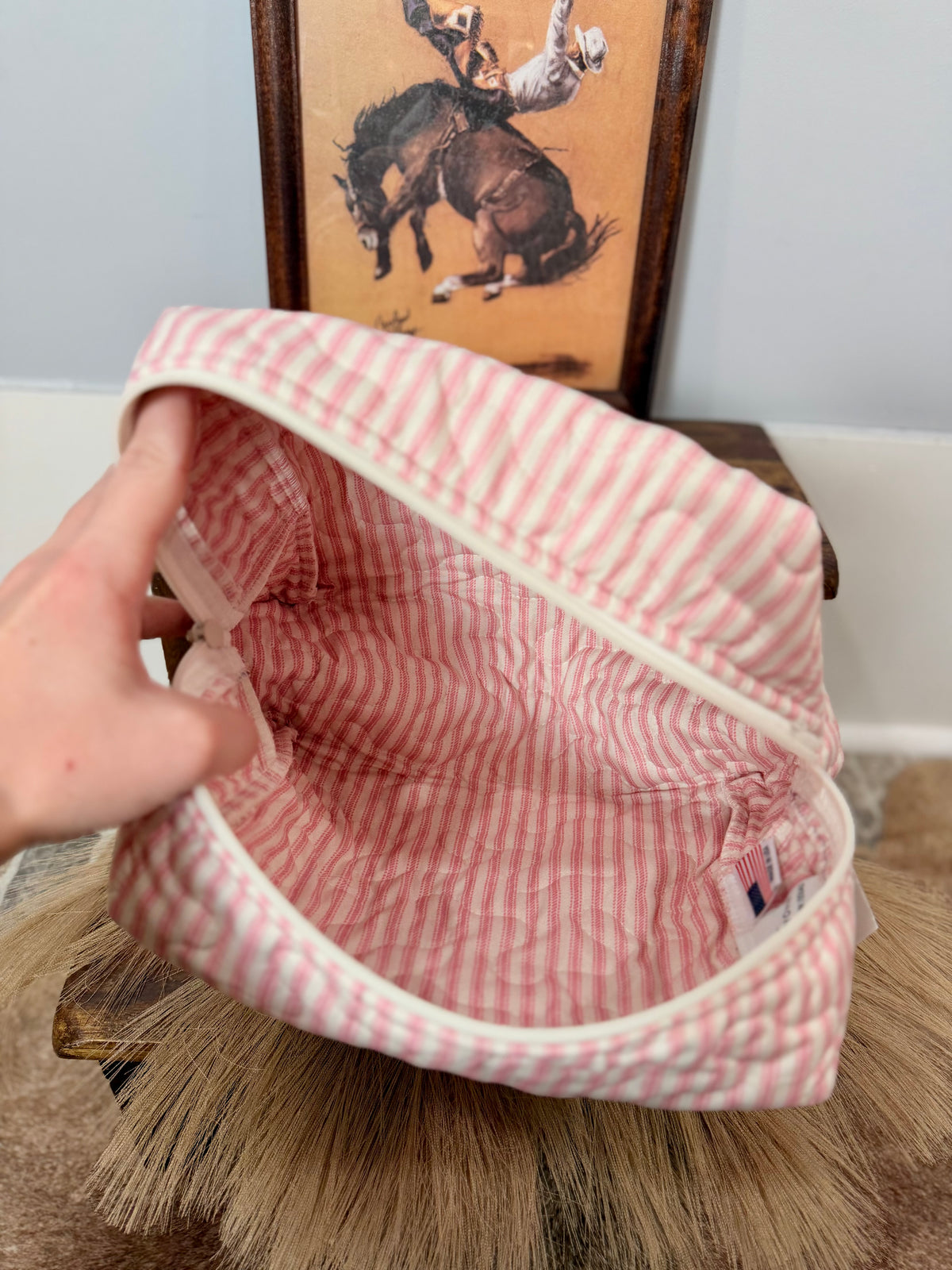 Ticking Stripe Fuchsia Large Quilted Makeup Bag
