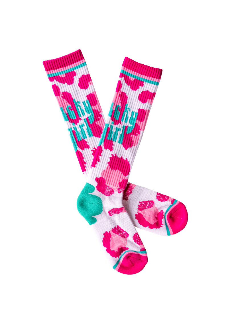 Colorful socks with pink and white pattern on a white background