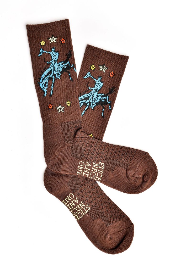 Brown socks with blue horse design and text on a white background