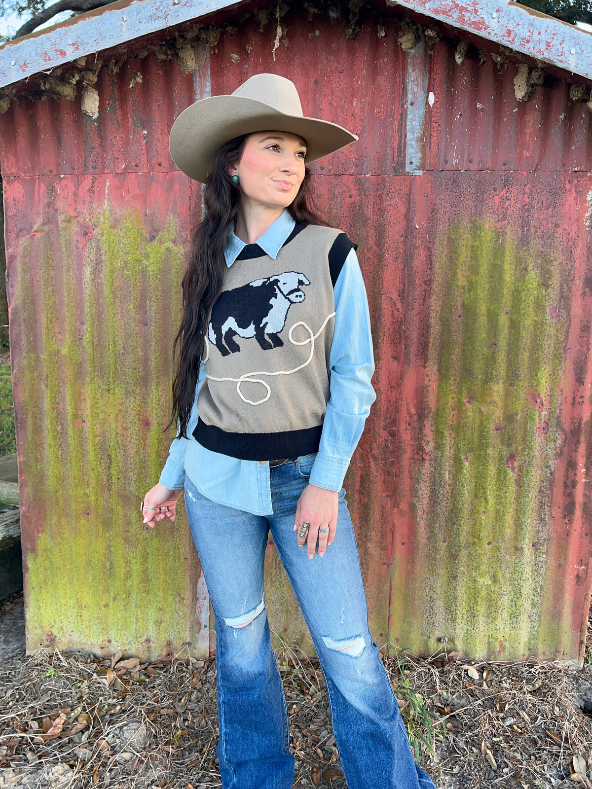 Bull Nettle Vest full outfit inspiration. hereford bull. knit vest. perfect to layer