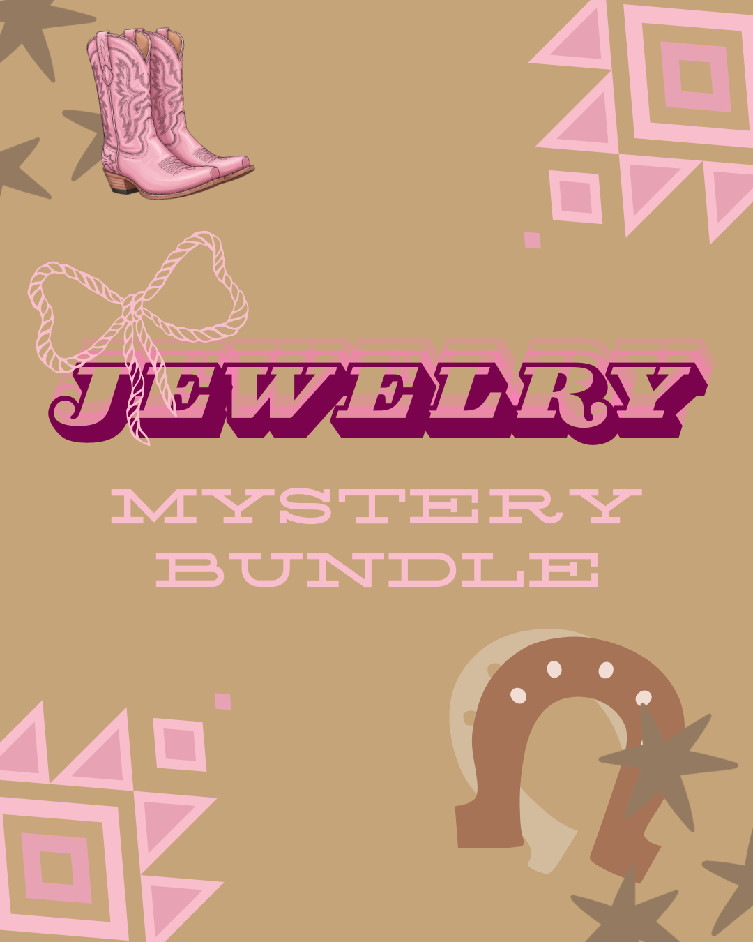 Jewelry mystery bundle packaging with pink cowboy boots, bow, and horseshoe on a beige background.