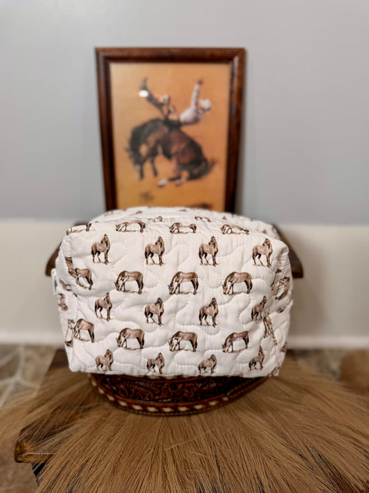Horse Icon Brown Large Makeup Bag with Quilted Design