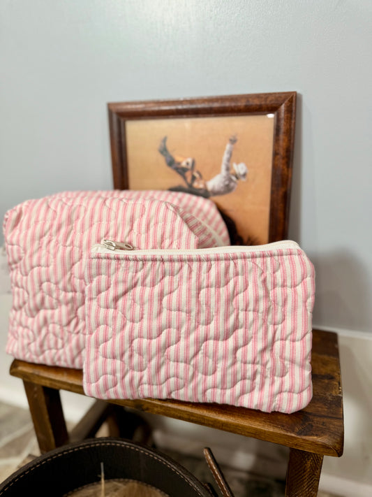 Ticking Stripe in Fuchsia Quilted Small Makeup Bag