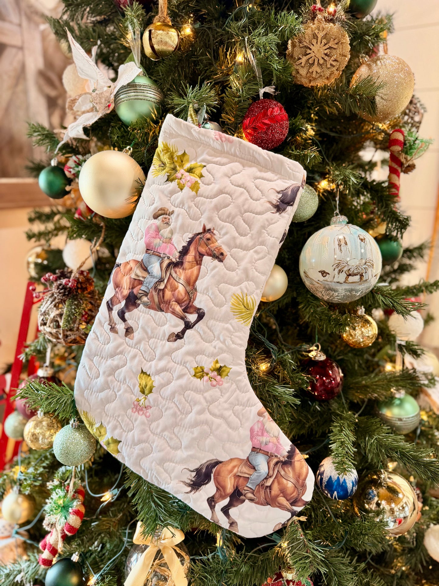 Cowboy Christmas White Quilted Stocking