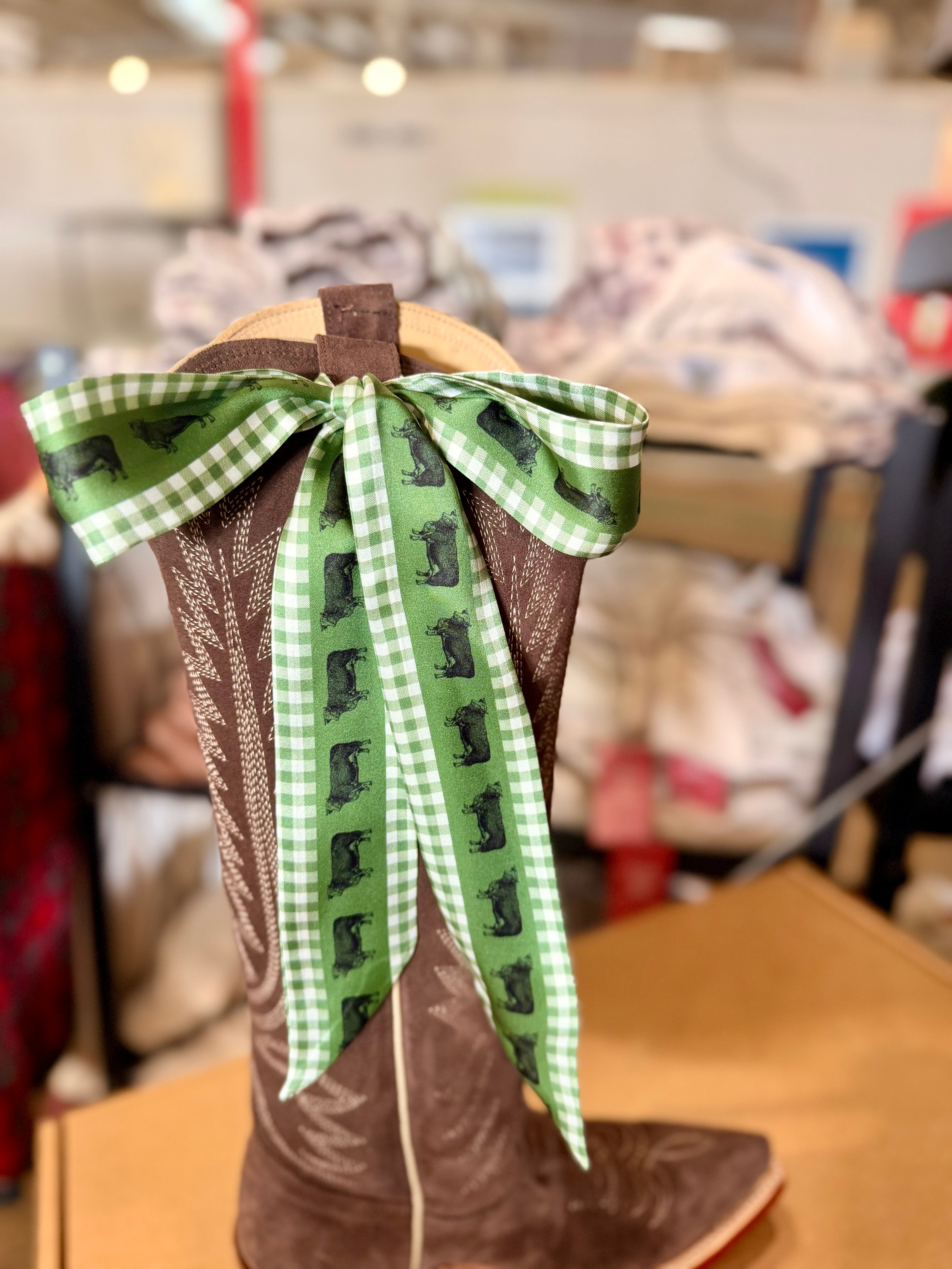 brown boot with green gingham twilly scarf