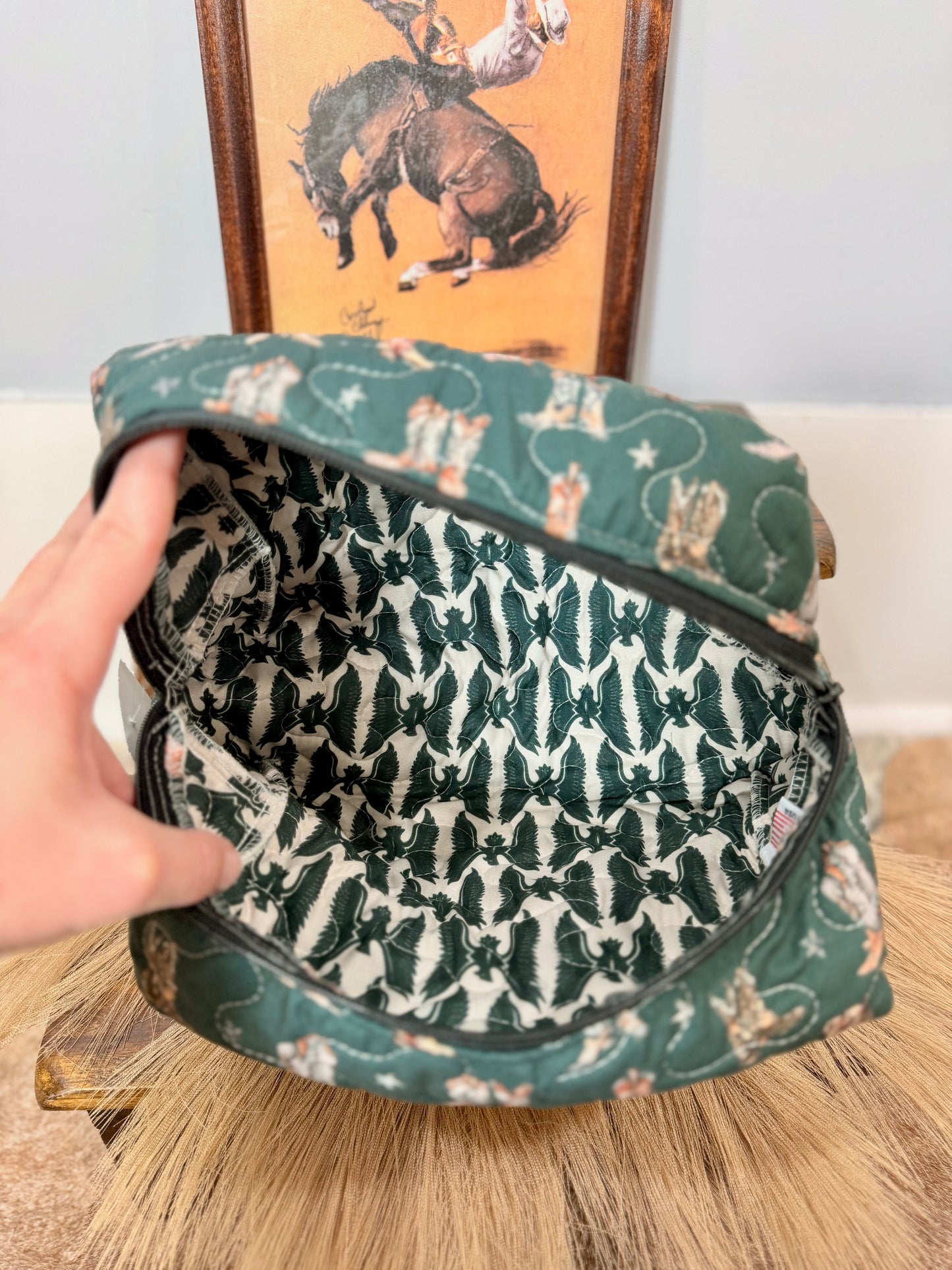 Thunderbird Boots in Green Quilted Large Makeup Bag