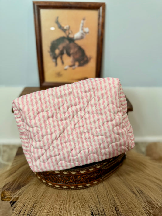 Large Quilted Makeup Bag - Ticking Stripe Fuchsia