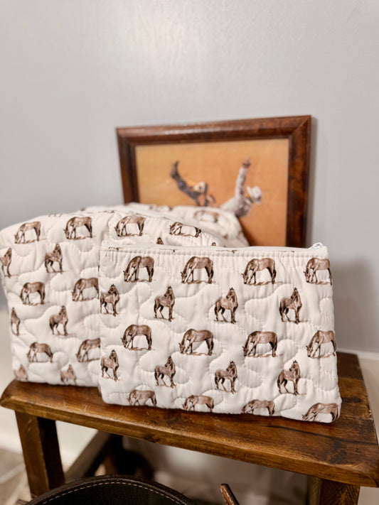 Horse Icon Brown Quilted Makeup Bag