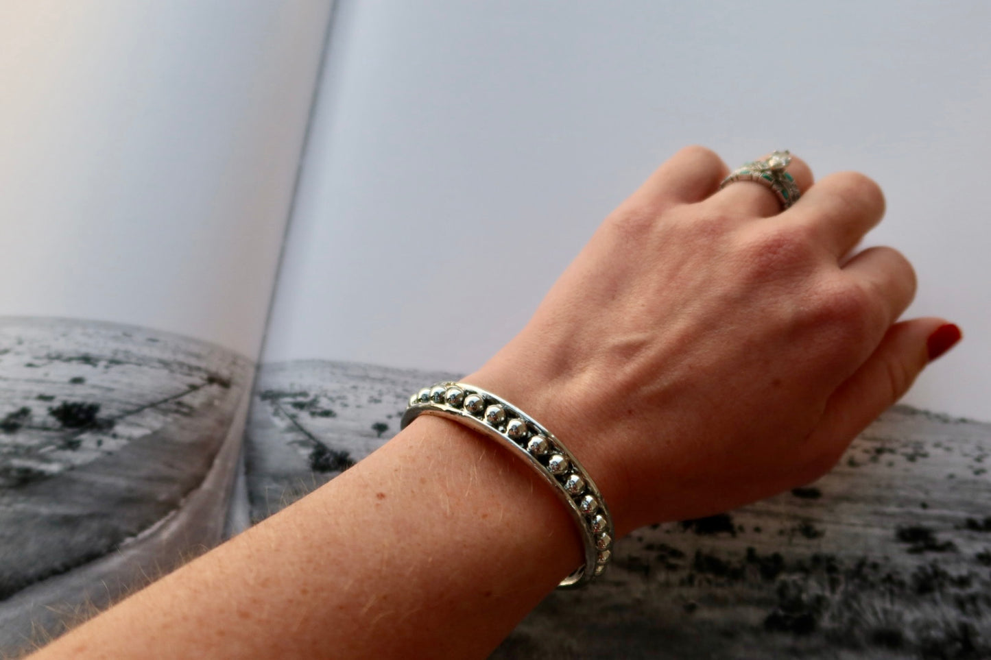 18K Burnished Dotted Bangle- White Gold