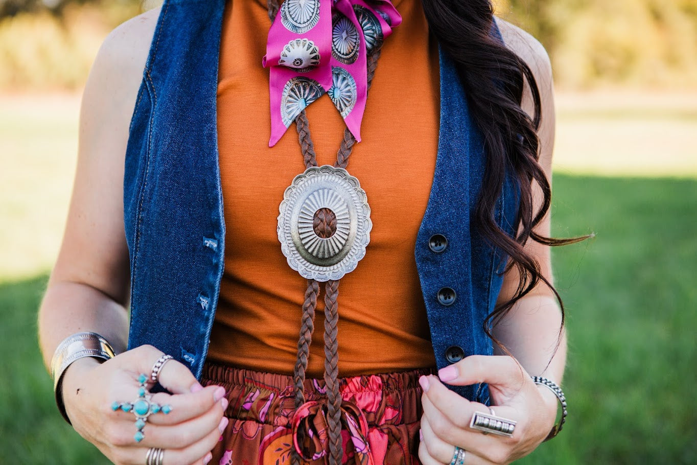 Vestige Braided Brown Bomber Concho Necklace