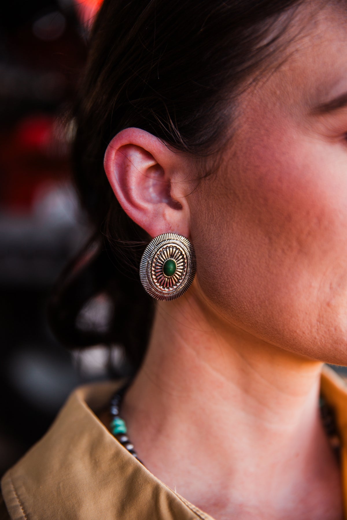 Green Oval Concho Earrings