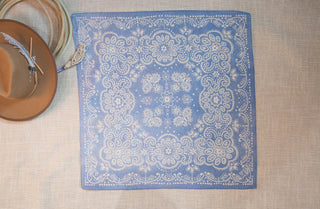 Cowboy Blues Shorty Wildrag by XOXO Art & Co, a 26 x 26-inch scarf in a 70% cotton and 30% silk blend.