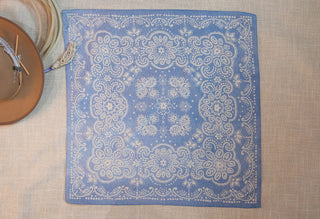 XOXO Art & Co Cowboy Blues Shorty Wildrag, original paint-and-paper artwork on a 26-inch square cotton-silk scarf.
