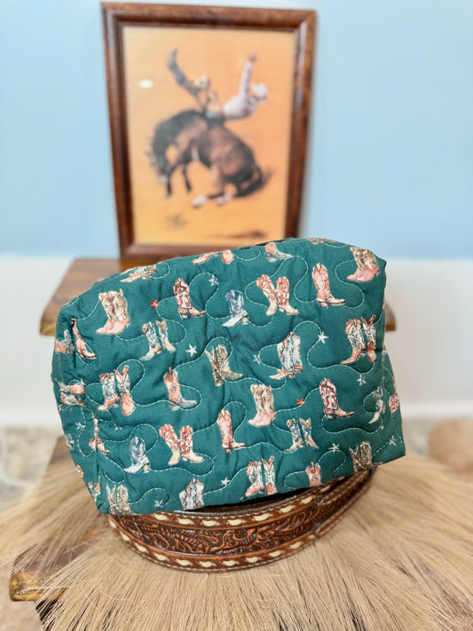 Thunderbird Boots in Green Quilted Large Makeup Bag
