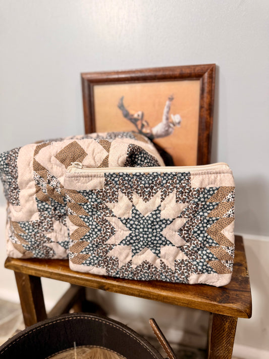 Adeline Patchwork Brown Quilted Makeup Bag