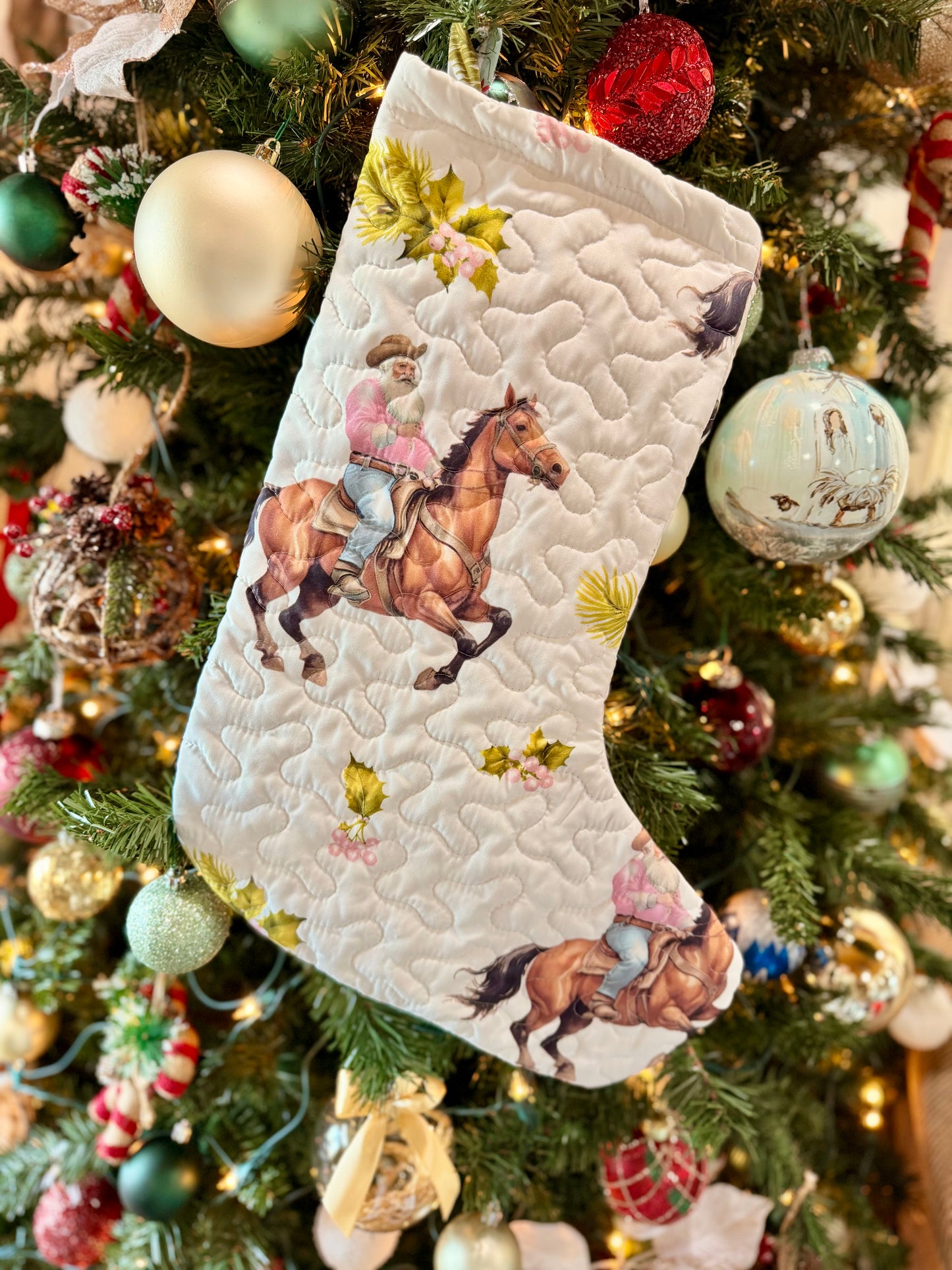 Cowboy Christmas White Quilted Stocking