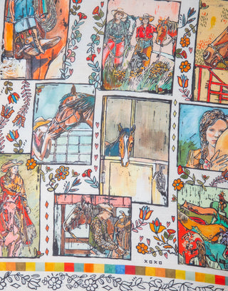 Folk Art Resist Shorty Wildrag, a square 26 x 26-inch accessory in a 70% cotton and 30% silk blend.