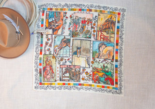 Folk Art Resist Shorty Wildrag by XOXO Art & Co, 26 x 26-inch scarf in a 70% cotton, 30% silk blend.