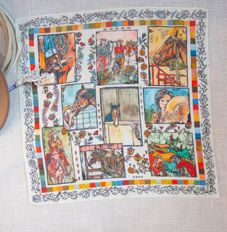 XOXO Art & Co Folk Art Resist Shorty Wildrag, original paint-and-paper artwork on a cotton-silk scarf.
