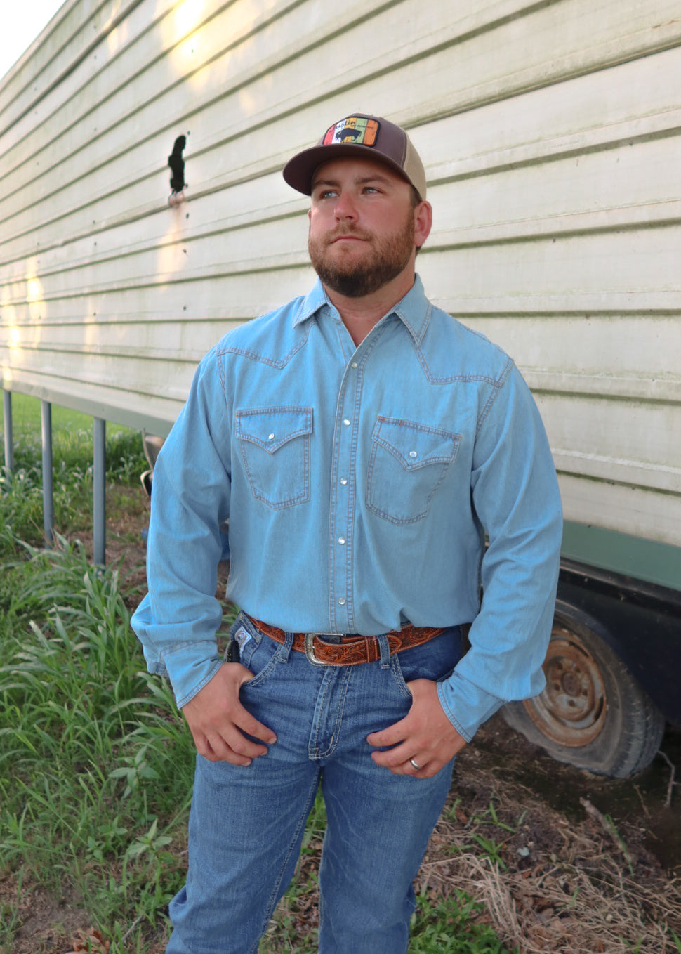 Light Wash Denim Shirt with Pearl Snaps