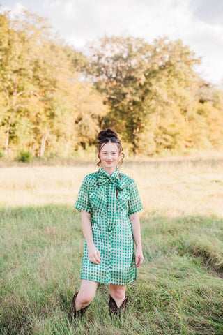 Front view of Sadie wearing the Laurel Gingham Sheer Top as a dress, showing short sleeves and a bow neckline. lady the brand