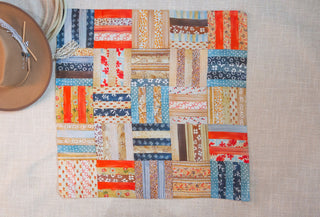 XOXO Art & Co Log Cabin Shorty Wildrag, original paint-and-paper wearable art in a 26 x 26-inch cotton-silk blend scarf.