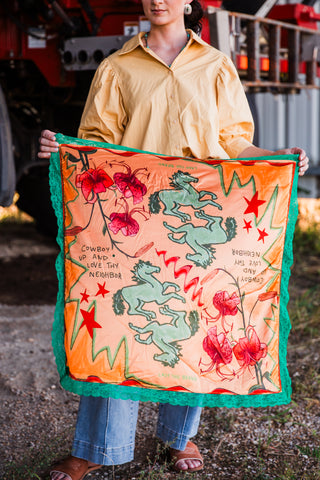 Lady the Brand Love Thy Neighbor Western bandana with horses florals and green lace trim