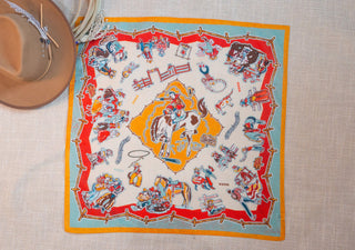 Ranch Party Shorty Wildrag by XOXO Art & Co, 26 x 26-inch scarf in a 70% cotton and 30% silk blend.