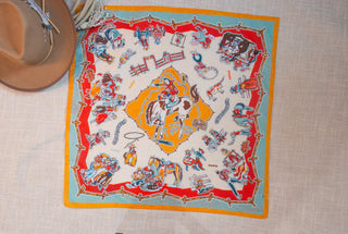 XOXO Art & Co Ranch Party Shorty Wildrag, original paint-and-paper wearable art on a 26-inch square scarf.