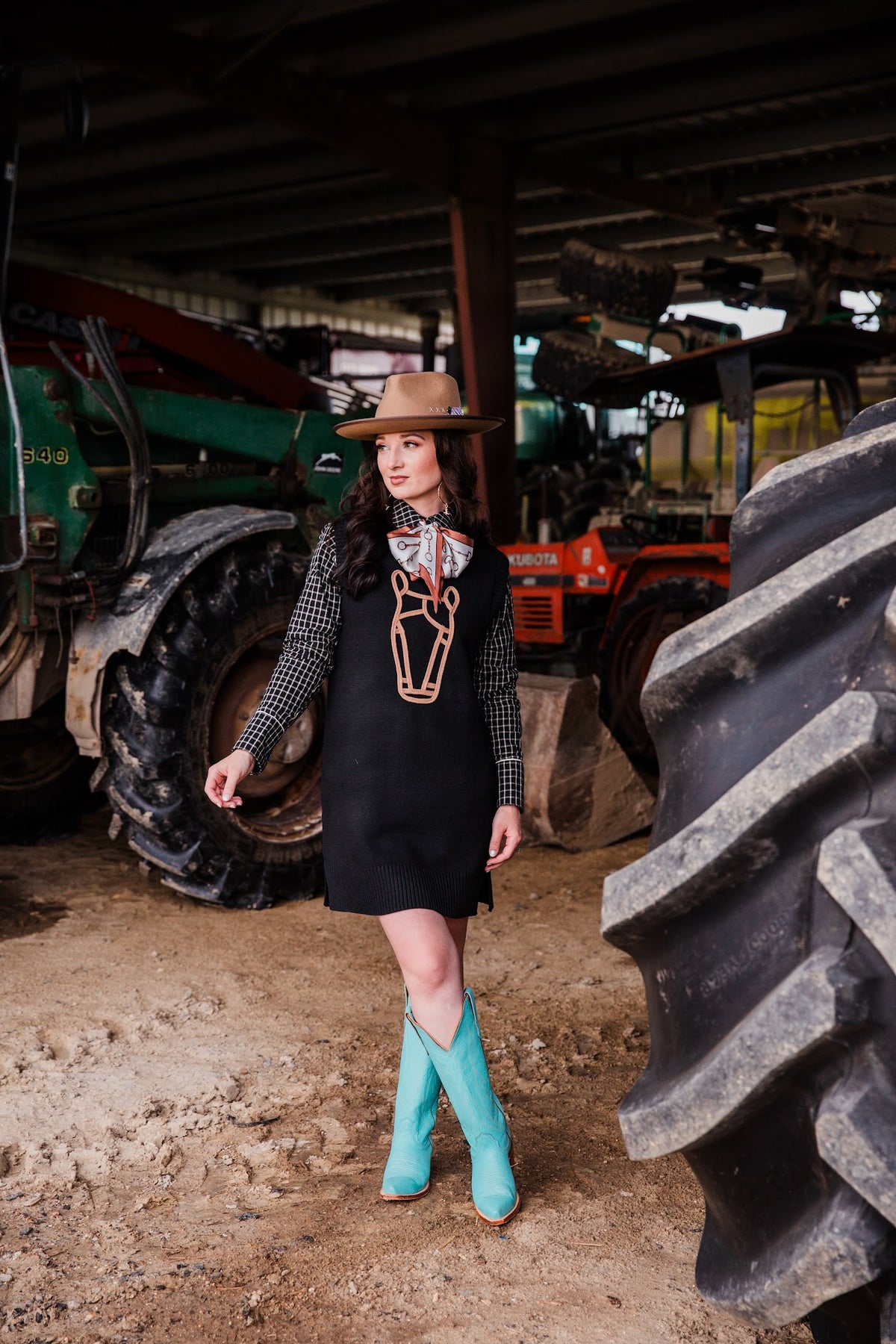 rodeo hippie riggin sweater horse dress. black sweater horse inspired design.