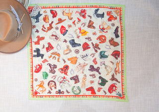 Vintage Horse Pins Shorty Wildrag by XOXO Art & Co, a 26 x 26-inch scarf in a 70% cotton and 30% silk blend.