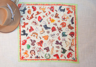 XOXO Art & Co Vintage Horse Pins Shorty Wildrag, original artwork on a 26-inch square cotton-silk scarf.⠋
