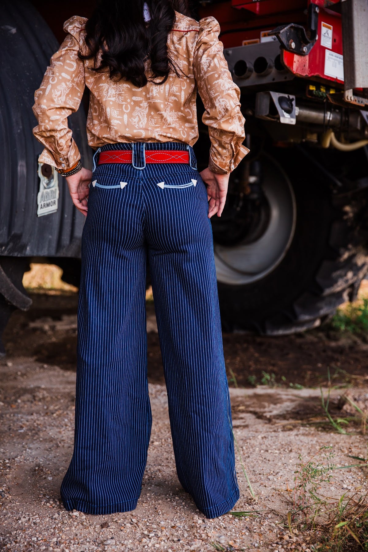 Back view of Howdy Hanny Blue Bonnet pinstripe jeans with wide legs and Western pocket accents