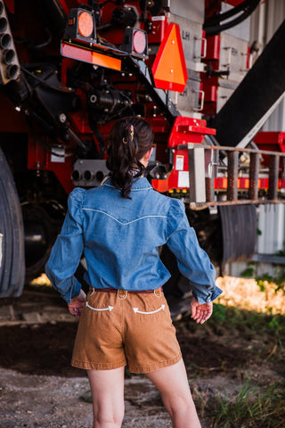 Open Range denim Western shirt featuring feminine puff shoulders and long sleeves by howdy hanny