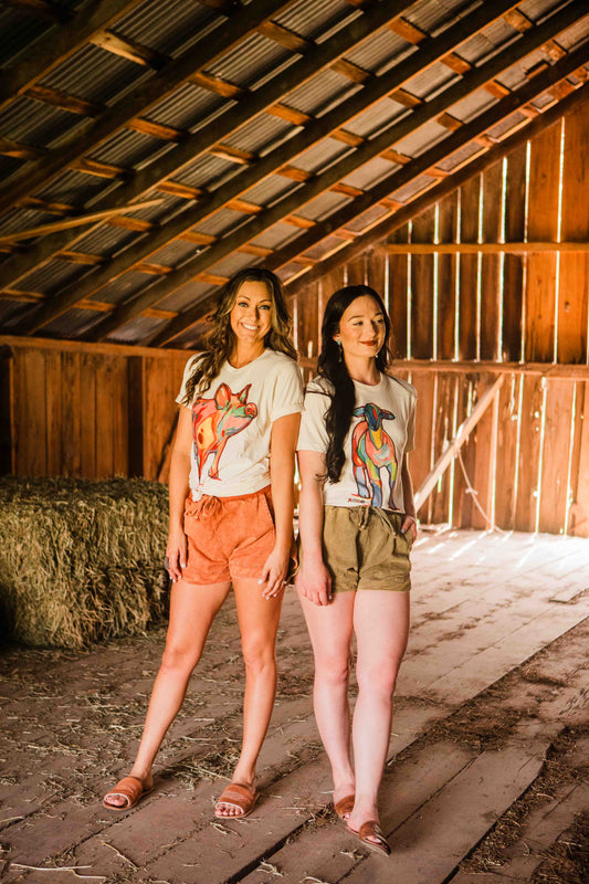 Two women standing in a barn with hay bales and wooden beams.