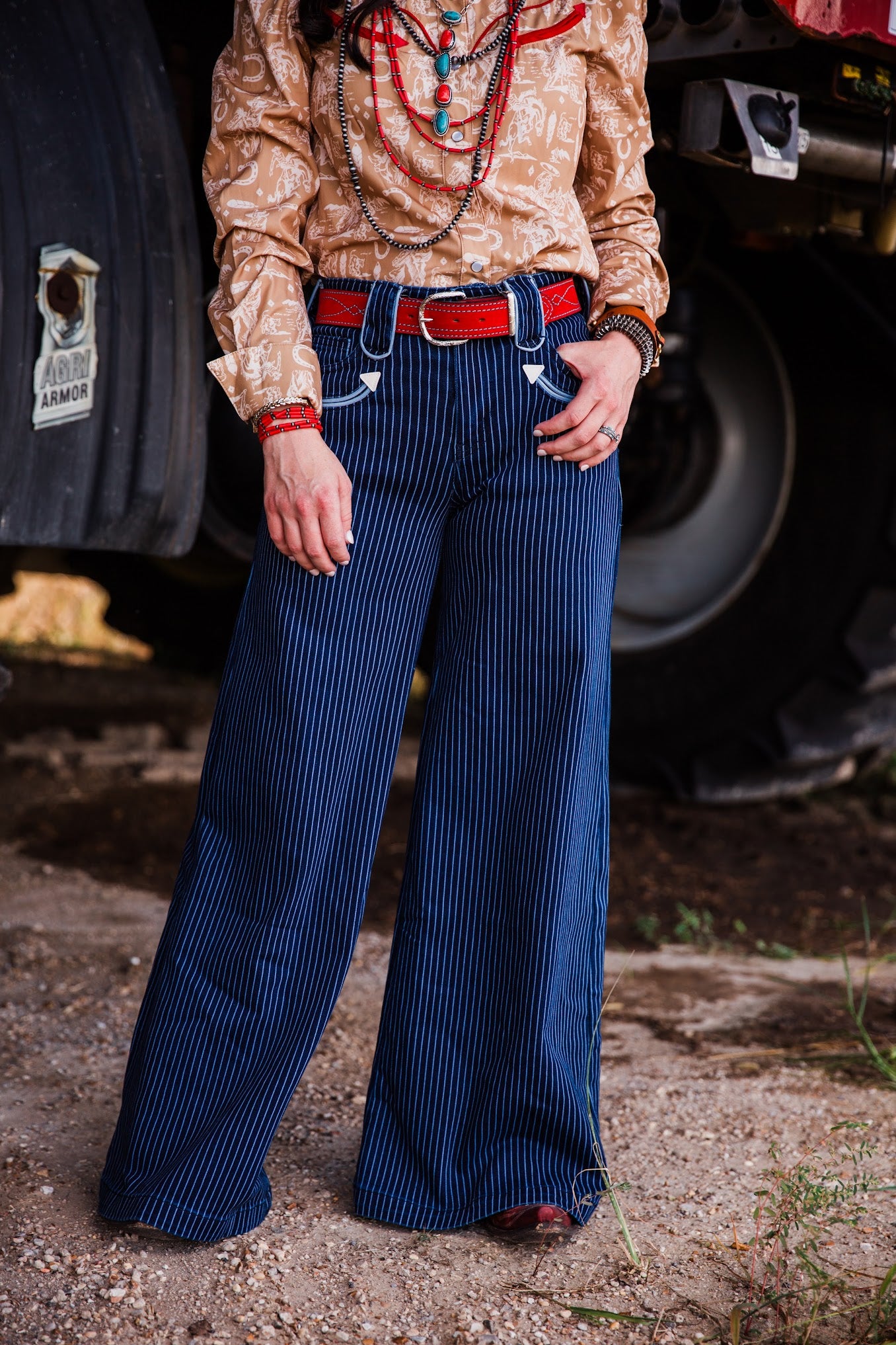 Women’s dark wash pinstripe wide leg jeans by Howdy Hanny with Western pocket details