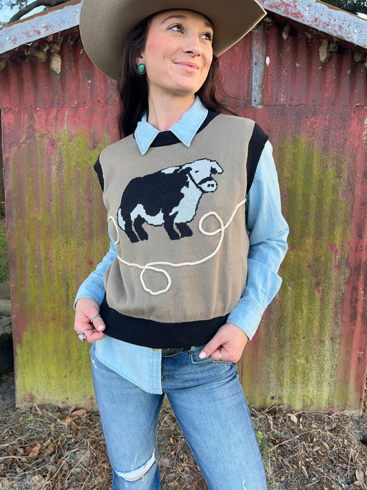Bull Nettle Vest. hereford bull. roping desing. classic knit vest