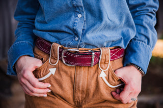 Burgundy suede leather Western belt by Double J Saddlery styled with tan denim shorts
