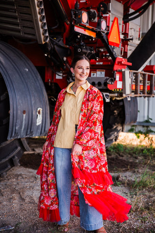 Women’s butter yellow Western button down shirt with puff sleeves and collared neckline