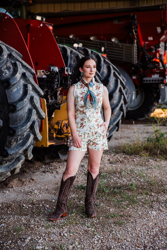 Howdy Hanny Cactus Cowgirl Short Set women’s Western outfit with cowboy boots
