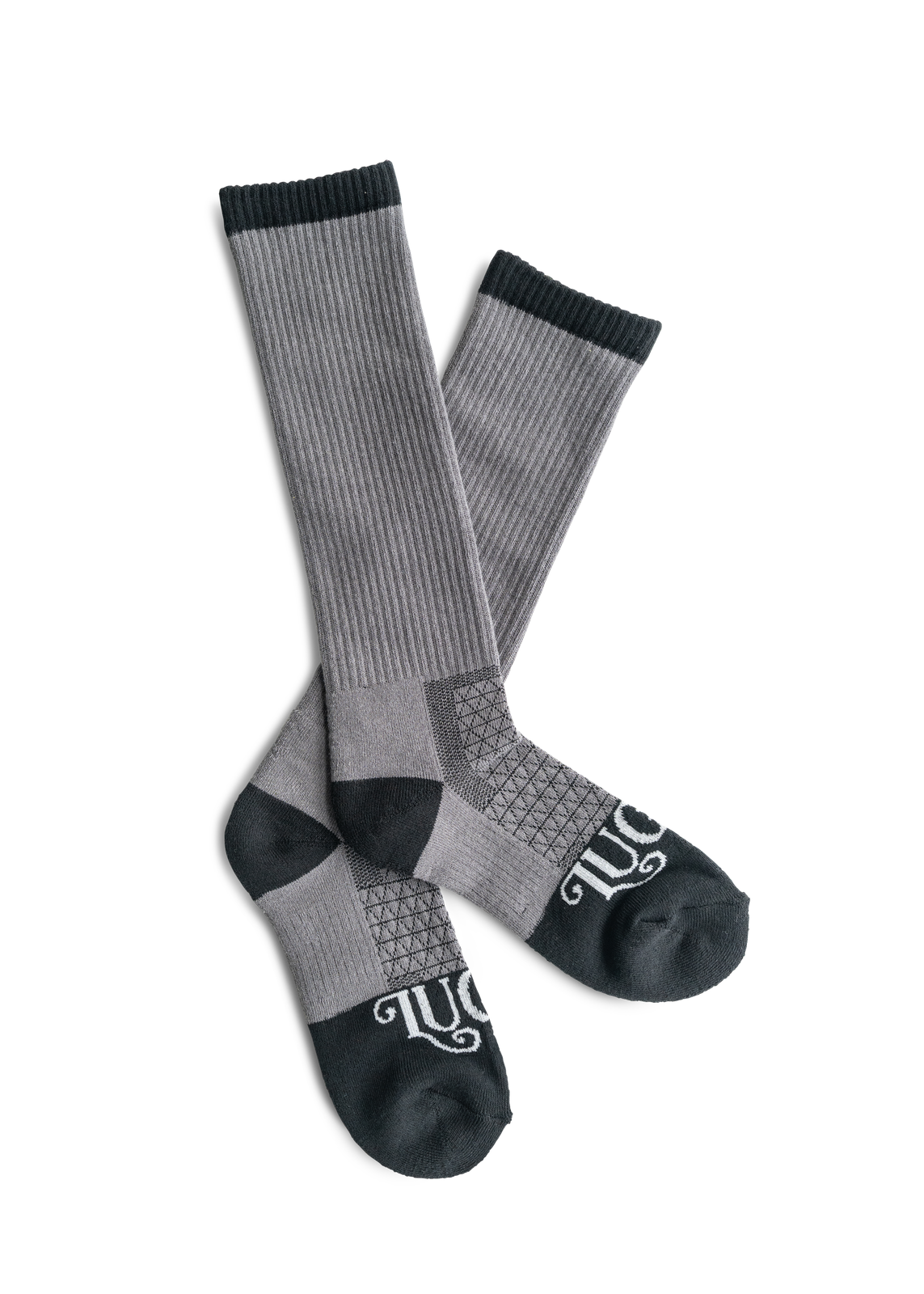 Gray knee-high socks with black accents on a white background