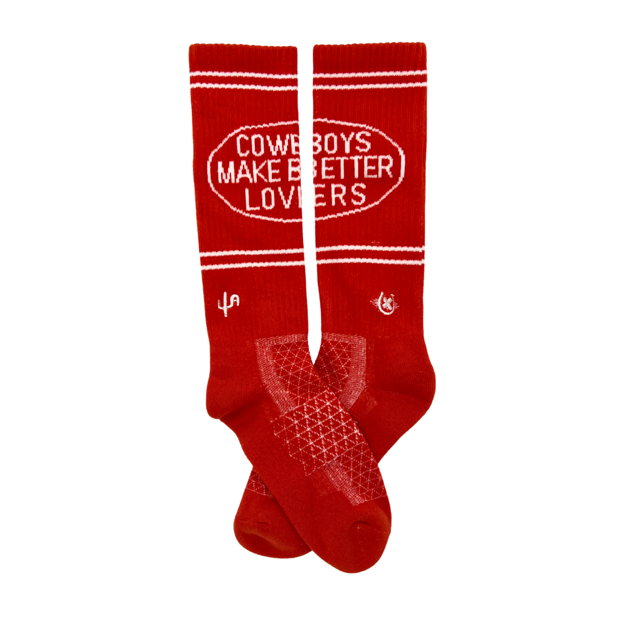 Red socks with white text and design on a white background