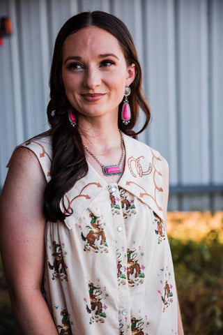 Women’s cream cowboy print dress with embroidered Western yoke by howdy hanny
