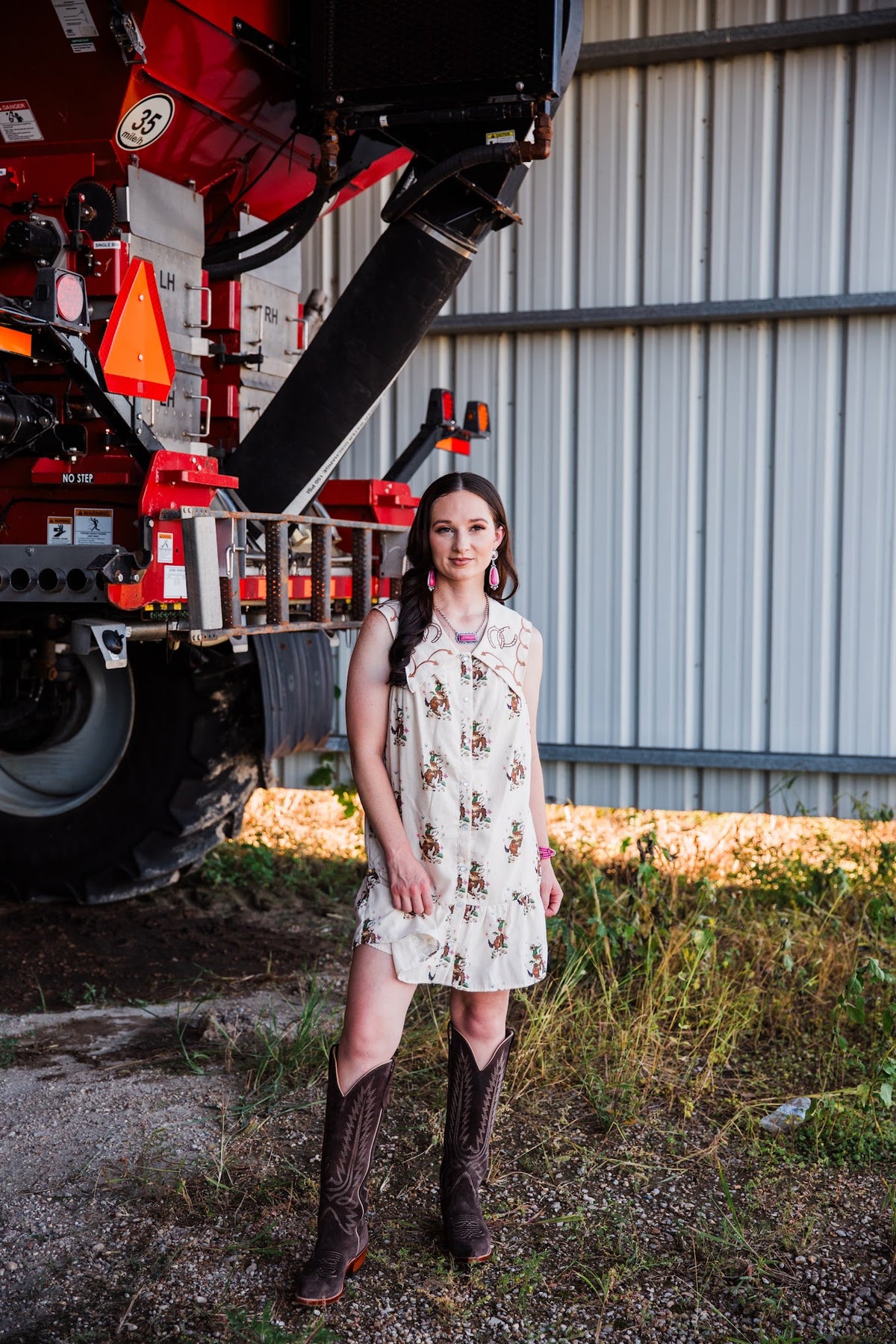 Woman’s cream cowboy print mini dress with embroidered Western collar and tiered hem by howdy hanny