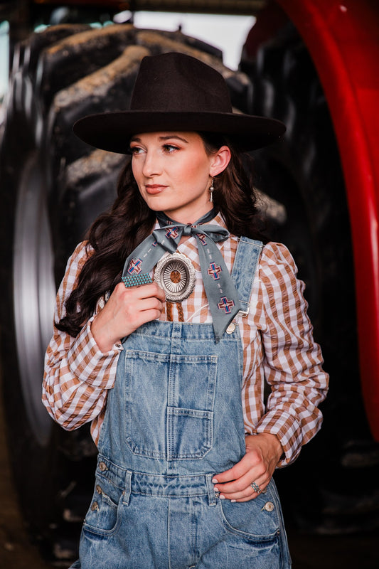 Cowgirl Classic Pearl Snap women’s brown gingham Western shirt with puff sleeves