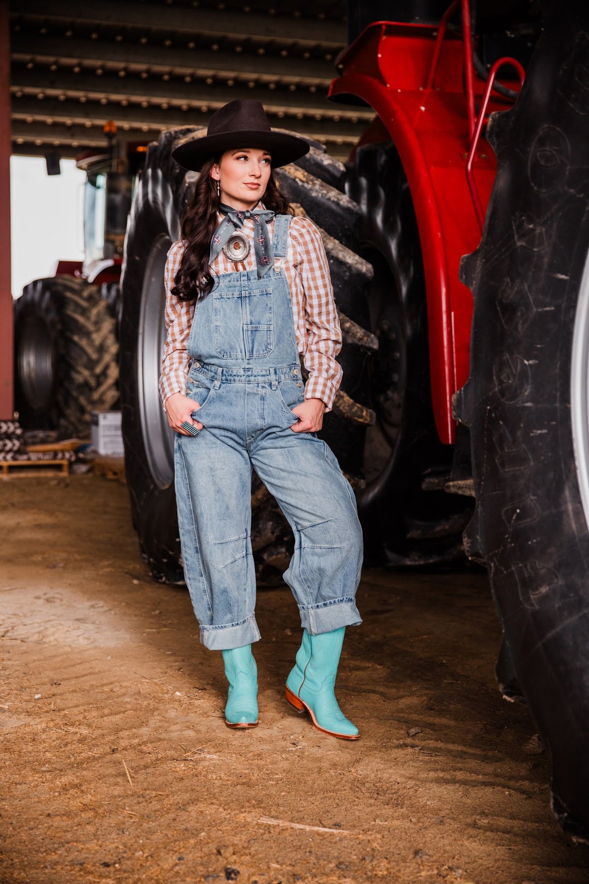 Light wash barrel leg denim overalls for women with relaxed oversized Western-inspired fit
