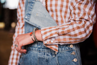Cowgirl Classic Pearl Snap brown gingham cowgirl shirt with feminine Western detailing
