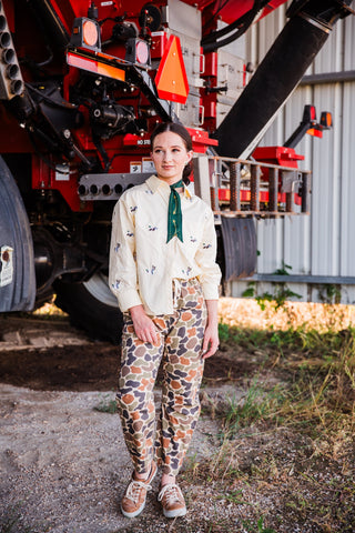 Duck Camo Barrel Pants for women with relaxed barrel leg fit and vintage camouflage print by turquoise haven
