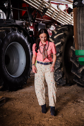 Sweet Magnolia printed barrel jeans with vintage-inspired floral pattern styled in a Western cowgirl outfit