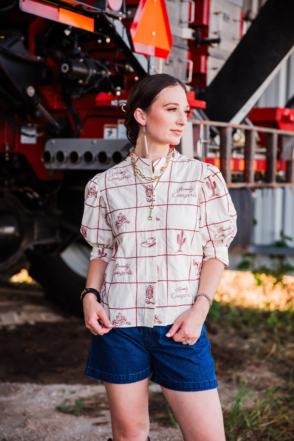 Prairie Post Blouse ivory women’s Western embroidered top with red cowgirl details